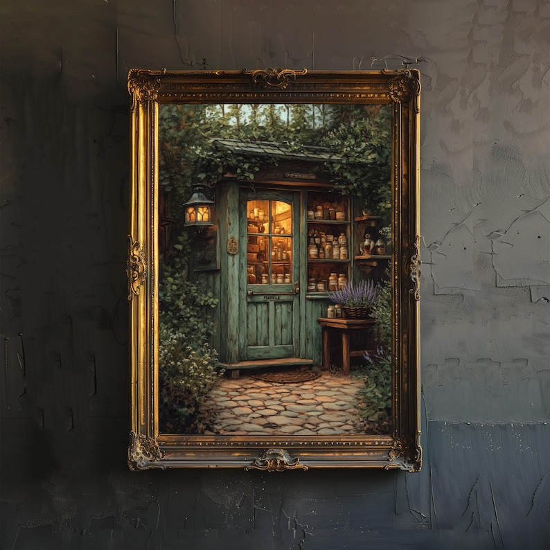 Op de afbeelding: Een winkel in vintage stijl met een groene deur en planken vol potten met kruiden en drankjes. De winkel is omgeven door weelderig groen en heeft een stenen pad dat naar de ingang leidt.
