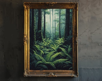 May include: A framed painting of a lush green forest with tall trees and ferns. The painting is in a gold frame with ornate details.