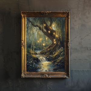 Póster de hadas del árbol de sauce, decoración cottagecore, arte de la academia oscura, ilustración encantada, arte de pared de naturaleza vintage, estética rústica