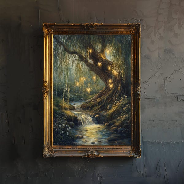 Willow Tree Fairies Poster Cottagecore Decor Dark Academia Art Enchanted Illustration Vintage Nature Wall Art Rustic Aesthetic
