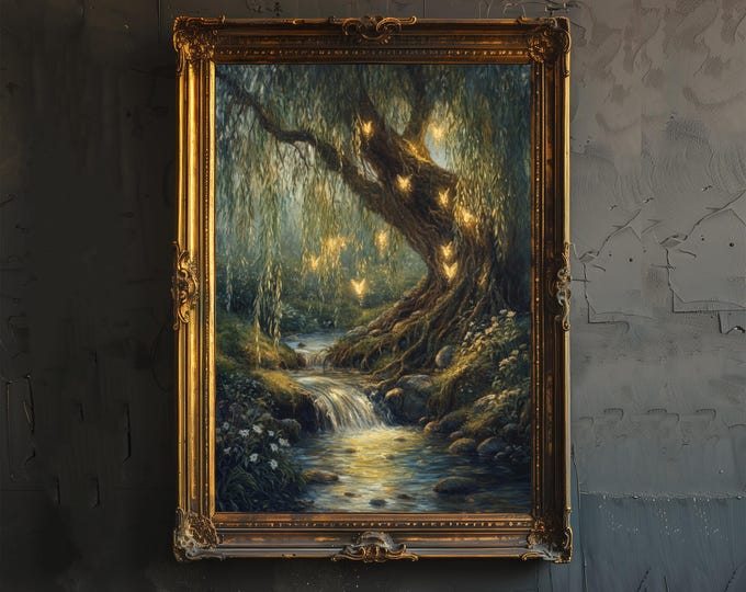 Willow Tree Fairies Poster Cottagecore Decor Dark Academia Art Enchanted Illustration Vintage Nature Wall Art Rustic Aesthetic