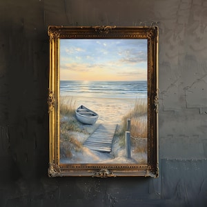 Impresión artística de paisaje con escena de playa vintage, arte de pared costero clásico, póster de océano sereno para sala de estar, dormitorio o pared de galería, atemporal