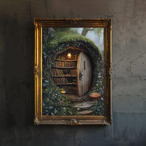 May include: A framed painting depicting a whimsical, mossy, tree-trunk doorway with a bookshelf inside and a glowing light. The door is open and leads to a path with a red and white mushroom.