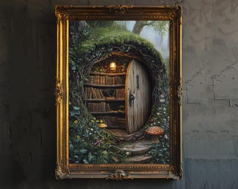 May include: A framed painting of a whimsical, mossy, tree-trunk doorway with a bookshelf inside and a glowing light. The door is open and leads to a path with a red and white mushroom.