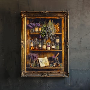 K&ouml;nnte beinhalten: Ein gerahmtes Kunstwerk zeigt ein Holzregal mit Apothekergl&auml;sern, getrockneten Kr&auml;utern und Lavendel. Die Gl&auml;ser sind mit handschriftlichem Text beschriftet. Ein M&ouml;rser und St&ouml;&szlig;el sind ebenfalls zu sehen, was auf ein Thema von Kr&auml;utermitteln hindeutet.