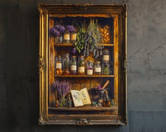 Puede incluir: Una obra de arte enmarcada representa una estantería de madera llena de frascos de boticario, hierbas secas y lavanda. Los frascos están etiquetados con texto manuscrito. También se ve un mortero y una maja, lo que sugiere un tema de remedios herbales.