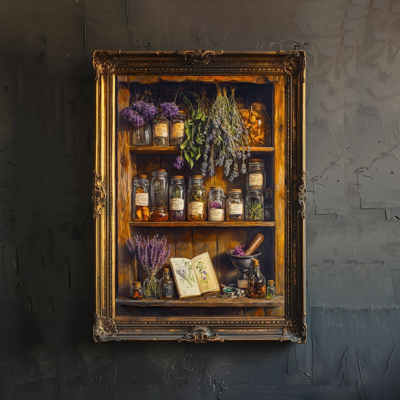 K&ouml;nnte beinhalten: Ein gerahmtes Kunstwerk zeigt ein Holzregal mit Apothekergl&auml;sern, getrockneten Kr&auml;utern und Lavendel. Die Gl&auml;ser sind mit handschriftlichem Text beschriftet. Ein M&ouml;rser und St&ouml;&szlig;el sind ebenfalls zu sehen, was auf ein Thema von Kr&auml;utermitteln hindeutet.