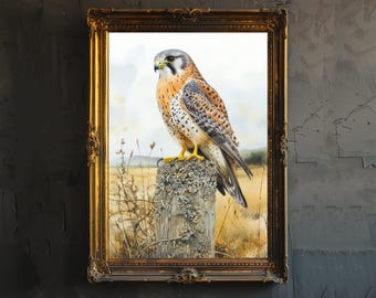 Crécerelle perchée sur une clôture, affiche aquarelle, décoration cottagecore, art de la nature, illustration vintage de la faune, art mural campagne rustique