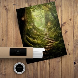 May include: A digital art print of a path leading through a lush green forest with glowing lights in the trees. The path is made of stone steps and is surrounded by tall trees and lush foliage.