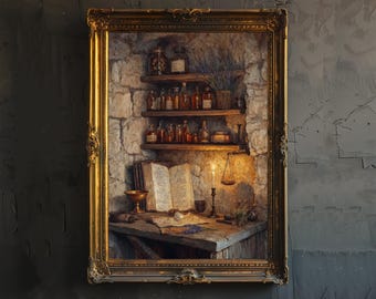 May include: A framed painting depicting a dimly lit apothecary scene. The artwork features a wooden table with an open book, bottles, and a lit candle. Shelves hold jars and vials, with a stone wall backdrop and a gold ornate frame.