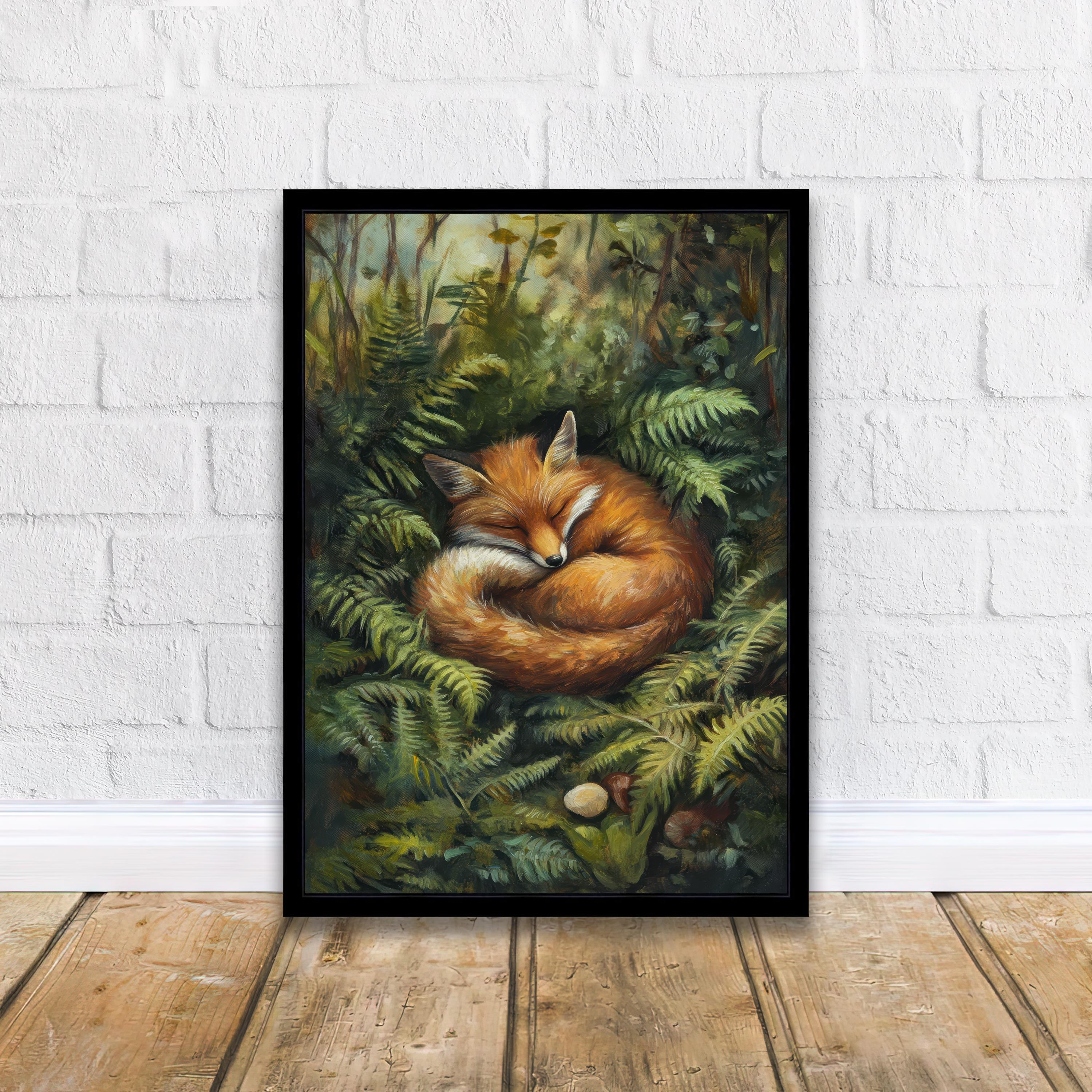 Fox Sleeping in Ferns Art Print Cottagecore Woodland Animal Decor Cozy ...