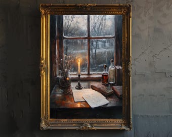 May include: A framed painting depicts a candlelit scene by a window. The artwork features a wooden table with books, bottles, and a handwritten letter. The window reveals a snowy outdoor landscape, and the frame is ornate gold.