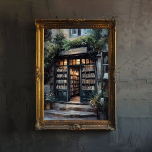 Póster de librería antigua, decoración cottagecore, arte académico oscuro, ilustración de librería antigua, estética de lectura vintage, arte de pared rústico