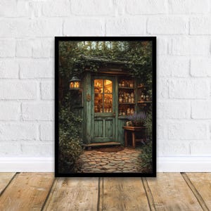 Op de afbeelding: Een kleine, groene houten winkel met een deur en ramen vol potten met kruiden en drankjes. De winkel is omgeven door weelderig groen en een stenen pad leidt naar de ingang. Een lantaarn hangt boven de deur en werpt een warme gloed.