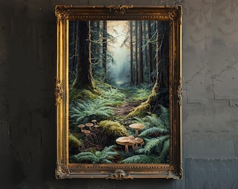May include: A framed painting of a forest path with a misty background. The path is lined with trees and ferns, and there are mushrooms growing on the forest floor.