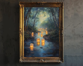 Póster flotante de linternas de hadas, decoración cottagecore, arte de la academia oscura, ilustración encantada, arte mural de naturaleza vintage, estética rústica.