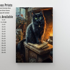 May include: A canvas print featuring a black cat with green eyes, sitting on a wooden surface with open books. The cat wears a collar with a bell. The background includes a fireplace and a window. The text "Canvas Prints" and size options are visible.