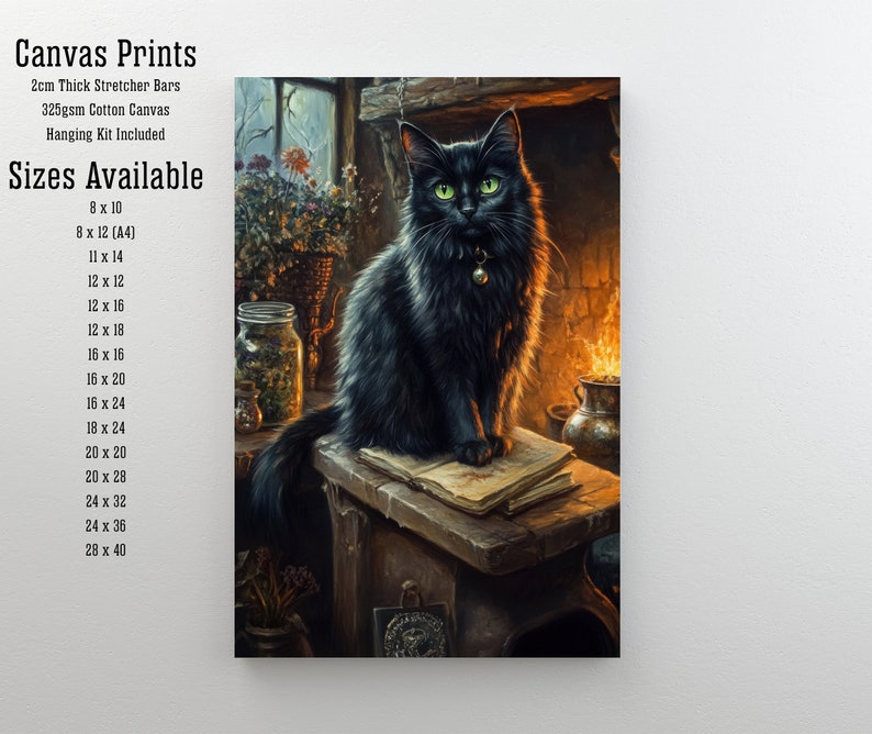 May include: A canvas print featuring a black cat with green eyes, sitting on a wooden surface with open books. The cat wears a collar with a bell. The background includes a fireplace and a window. The text "Canvas Prints" and size options are visible.