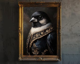 Könnte beinhalten: Ein gerahmtes Gemälde eines schwarz-weißen Vogels, der einen gold-schwarz gemusterten Mantel trägt. Der Vogel schaut nach links aus dem Rahmen.