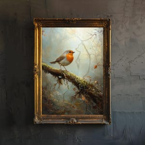 Rotkehlchen auf Ast Cottagecore Dark Academia Kunstdruck Wunderliches Waldwand Kunst Vintage Natur Poster für Wohnzimmer Schlafzimmer