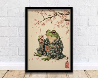 Japanese Frog Drinking Tea Art Print Whimsical Poster Ukiyo-e Style Wall Art for Cozy Homes and Nature Inspired Decor