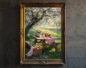 May include: A framed painting depicts a picnic scene under a blossoming tree. A wooden picnic table is set with apples, flowers, and a red and white checkered cloth. A basket of apples sits on the grass, and the scene is bathed in sunlight.