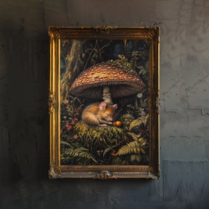 Siebenschläfer und Pilz Cottagecore Print Dark Academia Cottagecore Décor Antik Tier Illustration Wald Poster Rustikal=