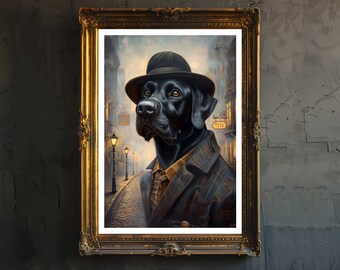 Victorian Black Labrador Print, Dark Academia Dog Portrait