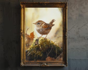 Könnte beinhalten: Gerahmtes Aquarellgemälde eines kleinen braunen Vogels, der auf einem moosbewachsenen Felsen sitzt. Der Vogel hat eine gefleckte Brust und ist vor einem weichen, goldenen Hintergrund platziert. Der verzierte Goldrahmen verleiht dem Kunstwerk eine klassische Note.