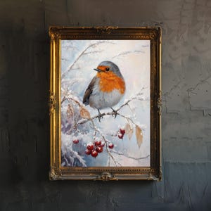 Robin in Frosted Brambles Art Print Cottagecore Winter Nature Decor Woodland Bird Wall Art
