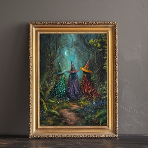 Peut inclure: Trois sorci&egrave;res en robes color&eacute;es et chapeaux pointus marchent dans une for&ecirc;t sombre &eacute;clair&eacute;e par un croissant de lune. Les sorci&egrave;res portent des robes aux teintes vertes, violettes et rouges, et leurs chapeaux sont orn&eacute;s d'&eacute;toiles. La for&ecirc;t est remplie de verdure luxuriante et de lucioles brillantes.