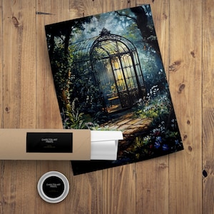 May include: A painting of a wrought iron birdcage in a forest setting. The cage is open and has a bench inside. The forest is lush and green with flowers in bloom.
