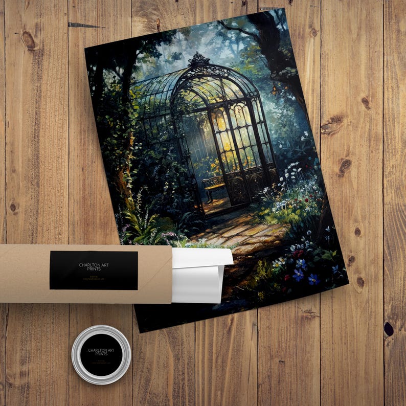 May include: A painting of a wrought iron birdcage in a forest setting. The cage is open and has a bench inside. The forest is lush and green with flowers in bloom.