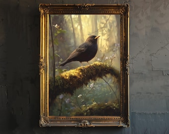 Blackbird on Branch Poster Cottagecore Decor Dark Academia Art vintage Nature Wall Art Rustic Aesthetic Illustration
