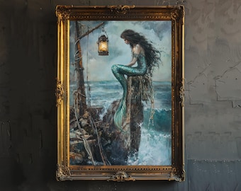 Mermaid Siren on the Rocks Poster Ocean Mythical Art Coastal Decor Dark Academia Illustration Magical Sea Print