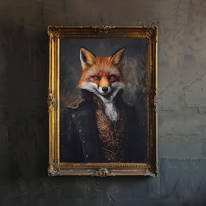 K&ouml;nnte beinhalten: Ein gerahmtes Portr&auml;t eines Fuchses, der eine schwarze Jacke und eine goldfarbene Weste mit Muster tr&auml;gt. Der Fuchs hat einen ernsten Ausdruck und blickt direkt auf den Betrachter.