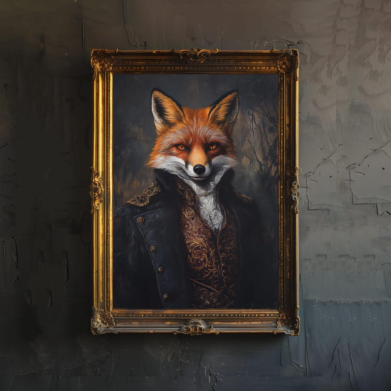 K&ouml;nnte beinhalten: Ein gerahmtes Portr&auml;t eines Fuchses, der eine schwarze Jacke und eine goldfarbene Weste mit Muster tr&auml;gt. Der Fuchs hat einen ernsten Ausdruck und blickt direkt auf den Betrachter.
