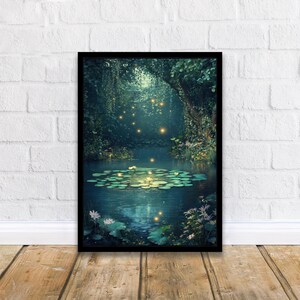 May include: A framed art print showing a tranquil pond scene. The image features a pond with lily pads and flowers, surrounded by dense foliage and glowing lights. The black frame enhances the artwork's mystical and natural theme.