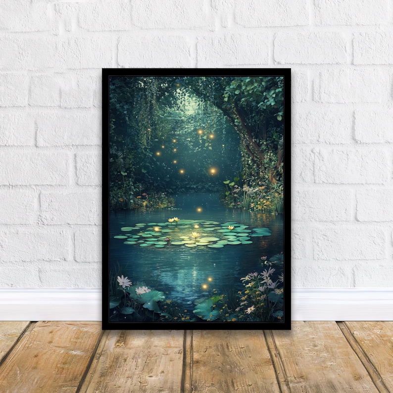 May include: A framed art print showing a tranquil pond scene. The image features a pond with lily pads and flowers, surrounded by dense foliage and glowing lights. The black frame enhances the artwork's mystical and natural theme.
