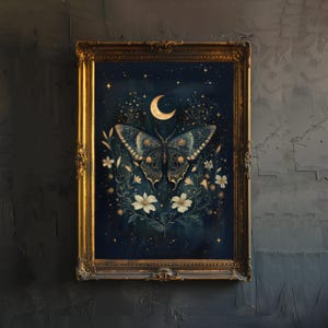 May include: A framed illustration of a black butterfly with gold accents, surrounded by white flowers and a crescent moon on a dark blue background with gold glitter.