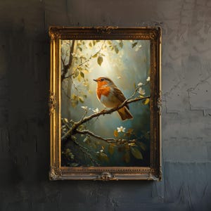 Rotkehlchen auf Ast Poster Cottagecore Dekor Dark Academia Art Verzauberte Vogel Illustration Vintage Natur Wand Kunst Rustikal Ästhetik