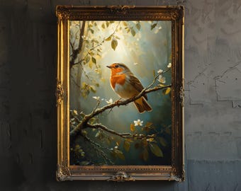 Robin on Branch Poster Cottagecore Decor Dark Academia Art Enchanted Bird Illustration Vintage Nature Wall Art Rustic Aesthetic