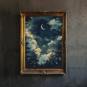 Impresión de noche estrellada, arte de la academia oscura, decoración celestial, ilustración de cielo nocturno antiguo, póster de cielo estrellado de la época victoriana, arte de pared rústico vintage