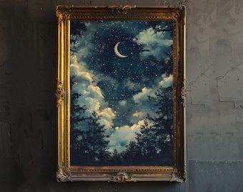 Puede incluir: Una pintura enmarcada de un cielo nocturno con una luna creciente y estrellas. El cielo es azul oscuro con nubes blancas y los árboles están silueteados contra el cielo.