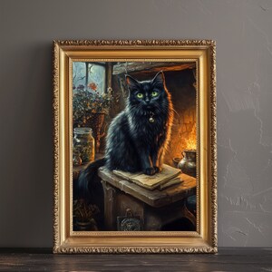 May include: A framed painting depicts a black cat with green eyes, wearing a bell collar, sitting on a wooden surface with books. The cat is in a room with a fireplace and a window. The frame is gold.