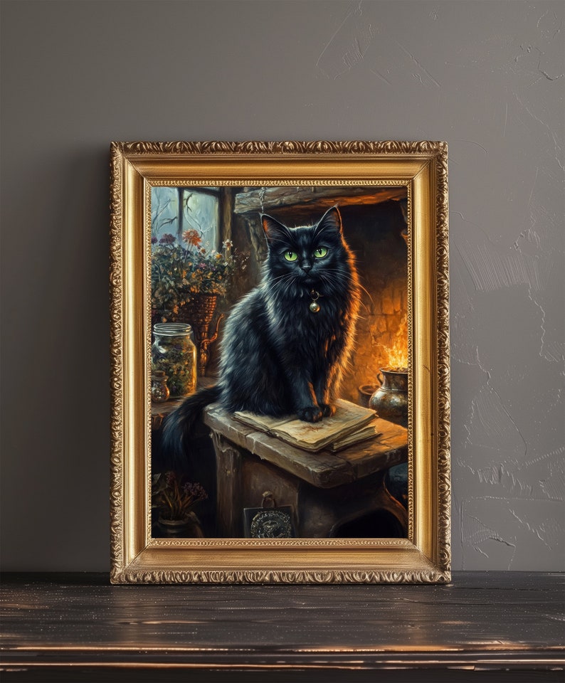 May include: A framed painting depicts a black cat with green eyes, wearing a bell collar, sitting on a wooden surface with books. The cat is in a room with a fireplace and a window. The frame is gold.