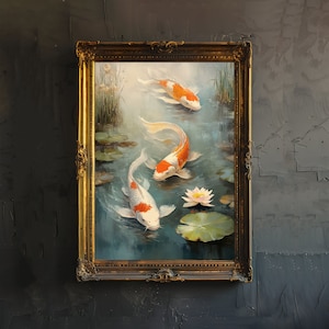 Póster de koi japonés, arte de la academia oscura, decoración cottagecore, ilustración antigua, arte de pared vintage, estética de jardín acuático sereno