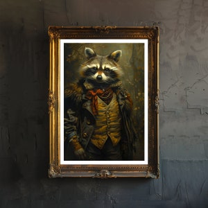 Gothic Waschbär Print Dark Academia Art Gothic Waschbär Wohnkultur Antikes Tierportrait Viktorianisches Waschbären Poster Rustikale Vintage Wandkunst