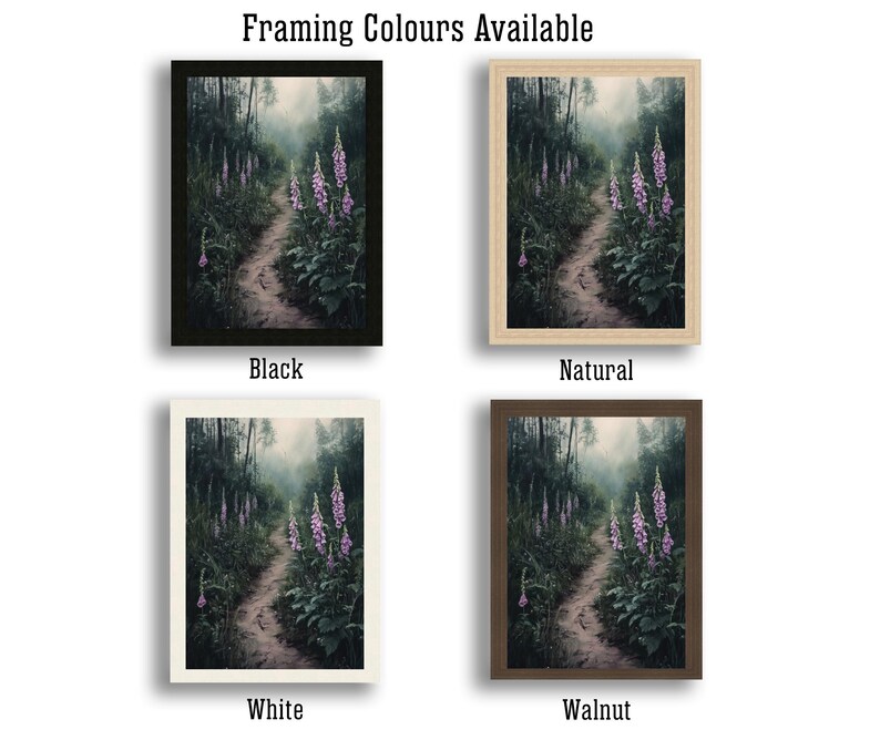 Puede incluir: Impresiones art&iacute;sticas enmarcadas que muestran un sereno sendero forestal con flores moradas. Disponibles en marcos negros, naturales, blancos y nogal. La obra de arte representa un sendero brumoso que serpentea a trav&eacute;s de la vegetaci&oacute;n.