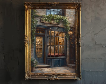 May include: A painting of a storefront with a gold frame. The storefront is a shop called "Ollivanders" with a sign above the door. The shop window is filled with wands. The building is made of stone and has a brick facade. The shop is located on a cobblestone street.